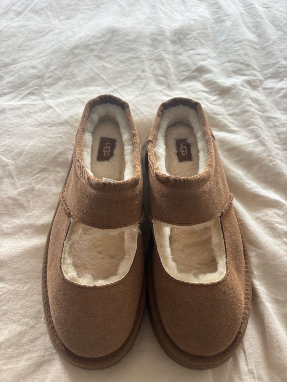 UGG Chestnut Brown Suede Mary Jane Slippers with Shearling